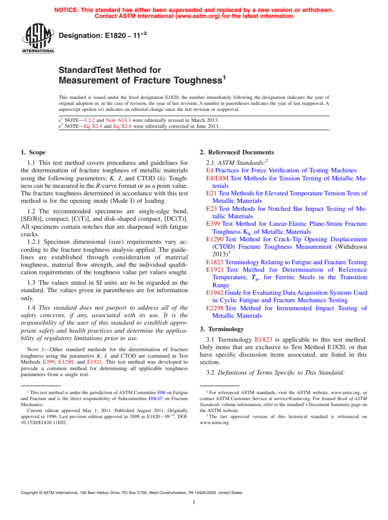 ASTM E1820-11e2 - Standard Test Method for  Measurement of Fracture Toughness