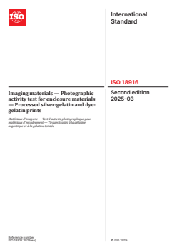 ISO 18916:2025 - Imaging materials — Photographic activity test for enclosure materials — Processed silver‐gelatin and dye‐gelatin prints
Released:21. 03. 2025 - Page 1 preview