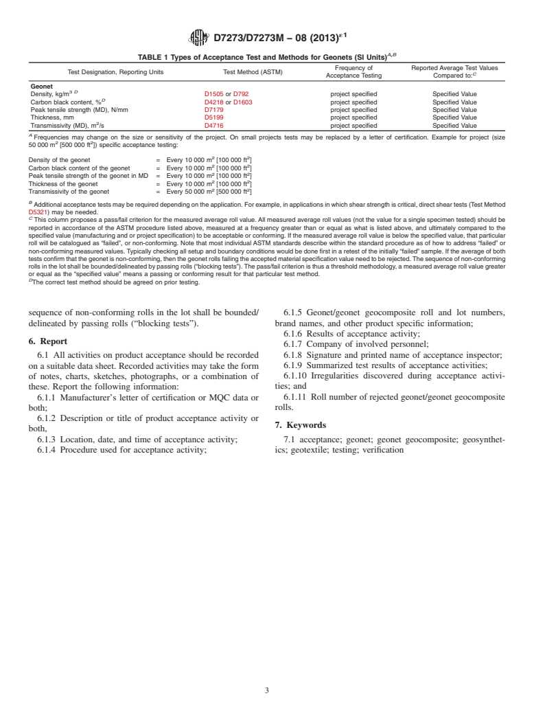 ASTM D7273/D7273M-08(2013)e1 - Standard Guide for for Acceptance Testing Requirements for Geonets and Geonet Drainage Geocomposites