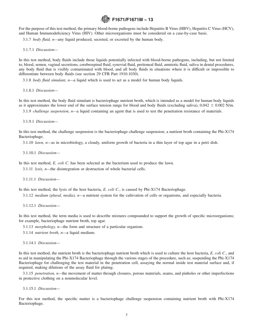 REDLINE ASTM F1671/F1671M-13 - Standard Test Method for Resistance of Materials Used in Protective Clothing to Penetration by Blood-Borne Pathogens Using Phi-X174 Bacteriophage Penetration as a Test System