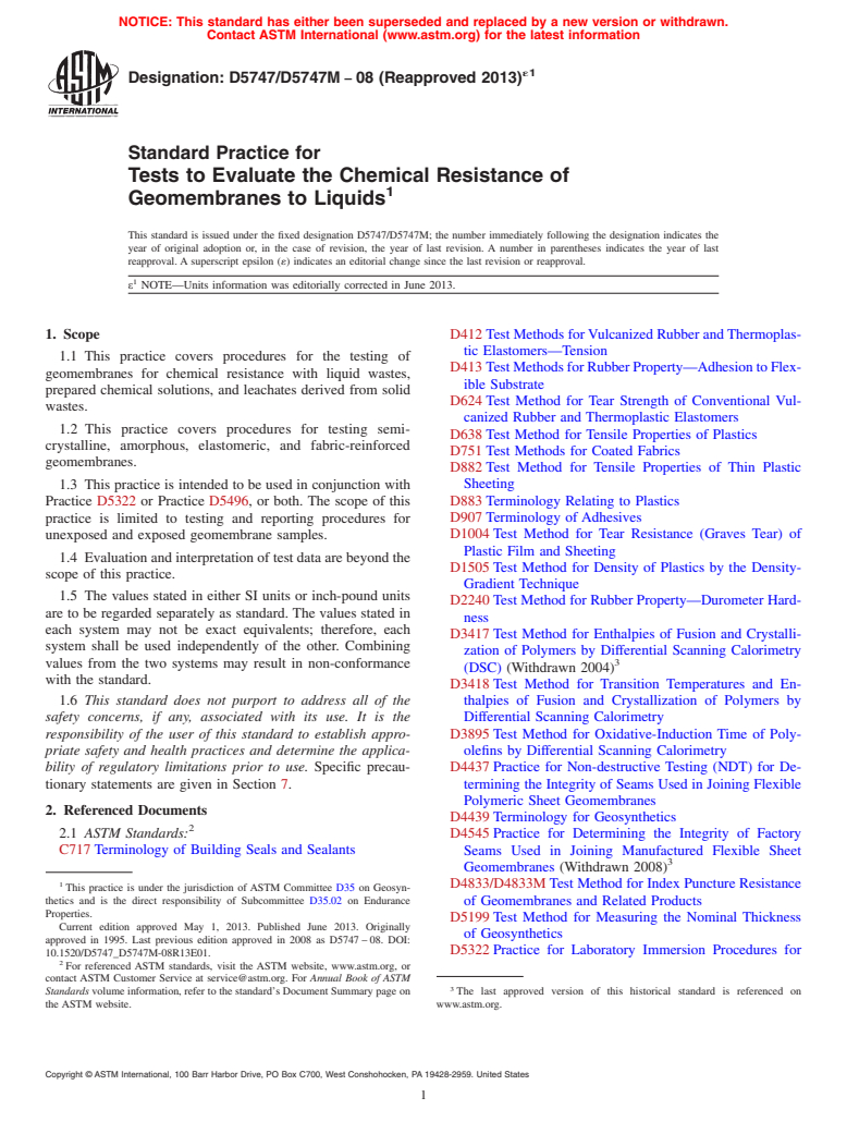 ASTM D5747/D5747M-08(2013)e1 - Standard Practice for Tests to Evaluate the Chemical Resistance of Geomembranes to Liquids