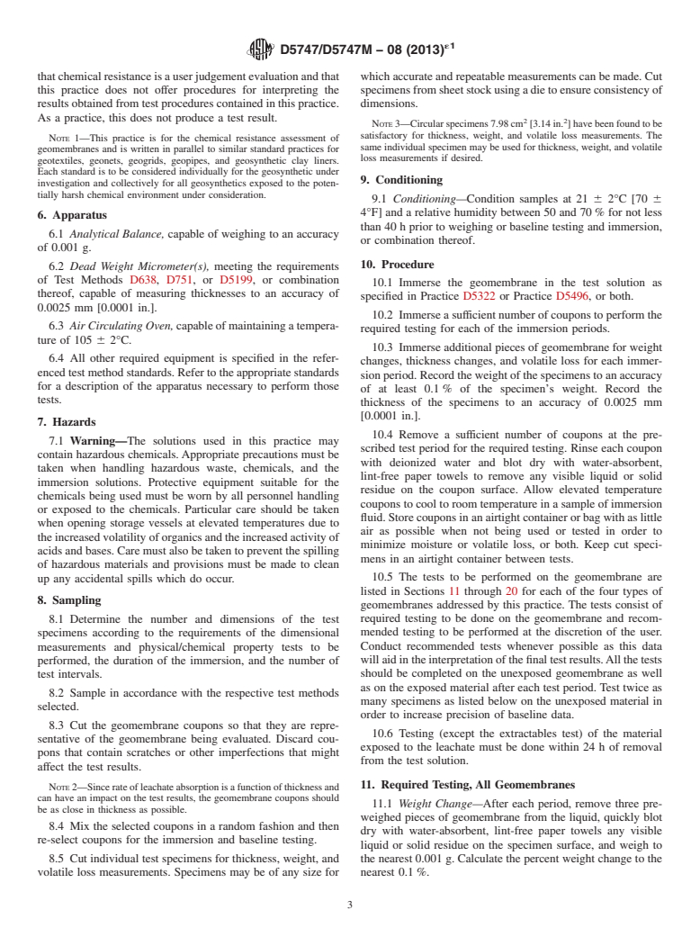 ASTM D5747/D5747M-08(2013)e1 - Standard Practice for Tests to Evaluate the Chemical Resistance of Geomembranes to Liquids