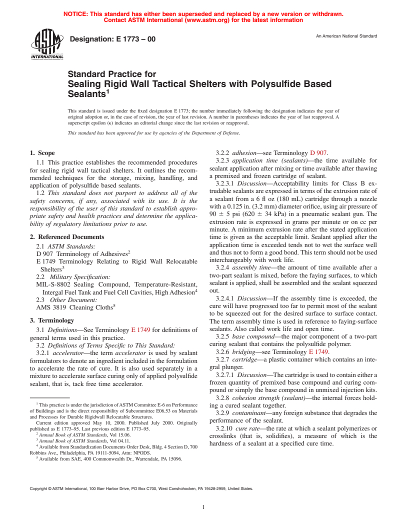 ASTM E1773-00 - Standard Practice for Sealing Rigid Wall Tactical Shelters with Polysulfide Based Sealants