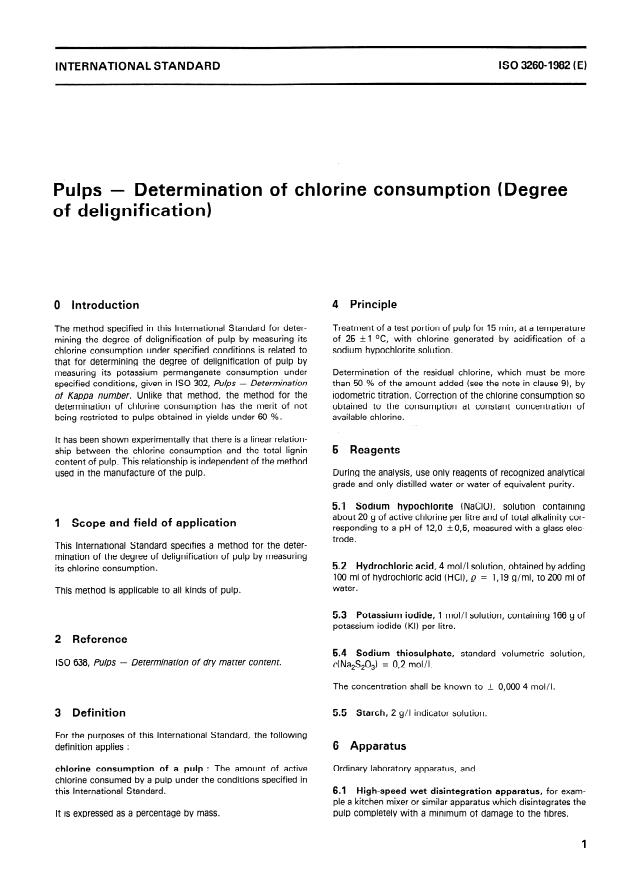 ISO 3260:1982 - Pulps -- Determination of chlorine consumption (Degree of delignification)