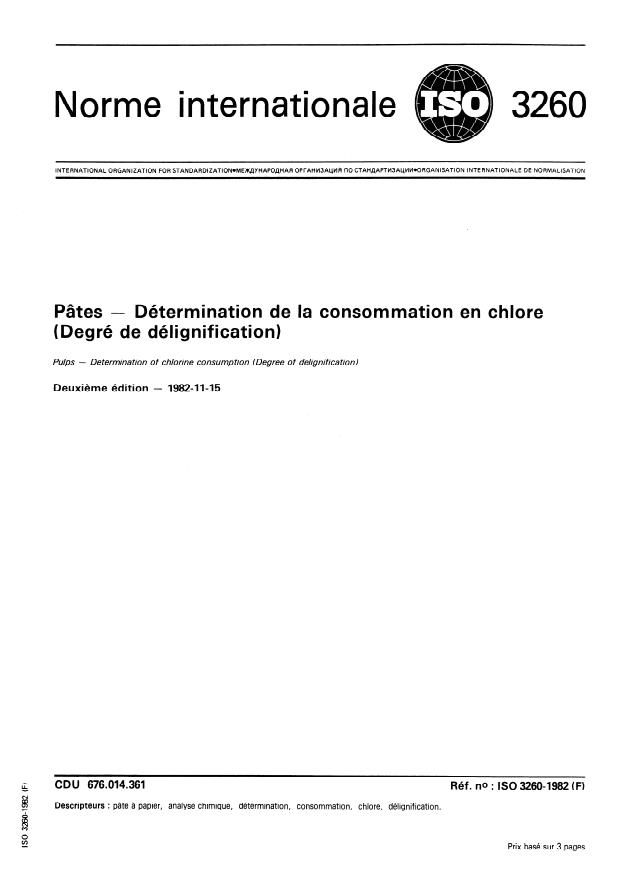 ISO 3260:1982 - Pâtes -- Détermination de la consommation en chlore (Degré de délignification)