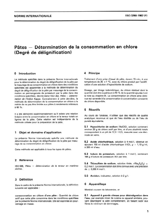 ISO 3260:1982 - Pâtes -- Détermination de la consommation en chlore (Degré de délignification)