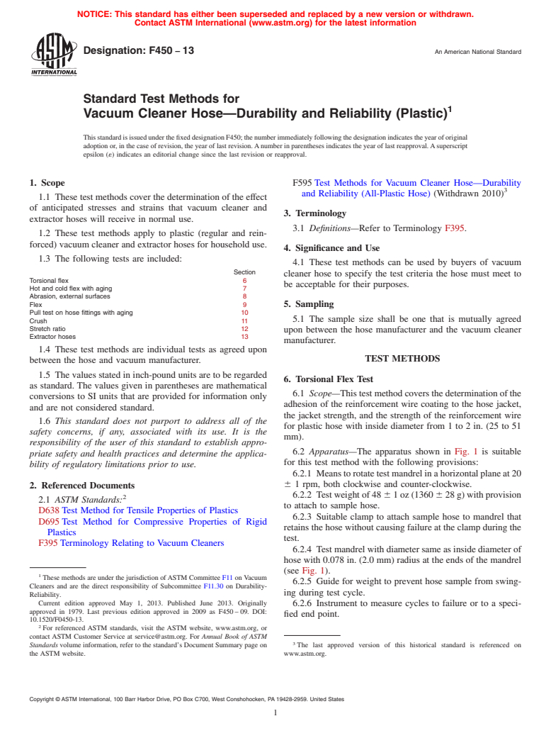 ASTM F450-13 - Standard Test Methods for Vacuum Cleaner Hose&mdash;Durability and Reliability (Plastic)