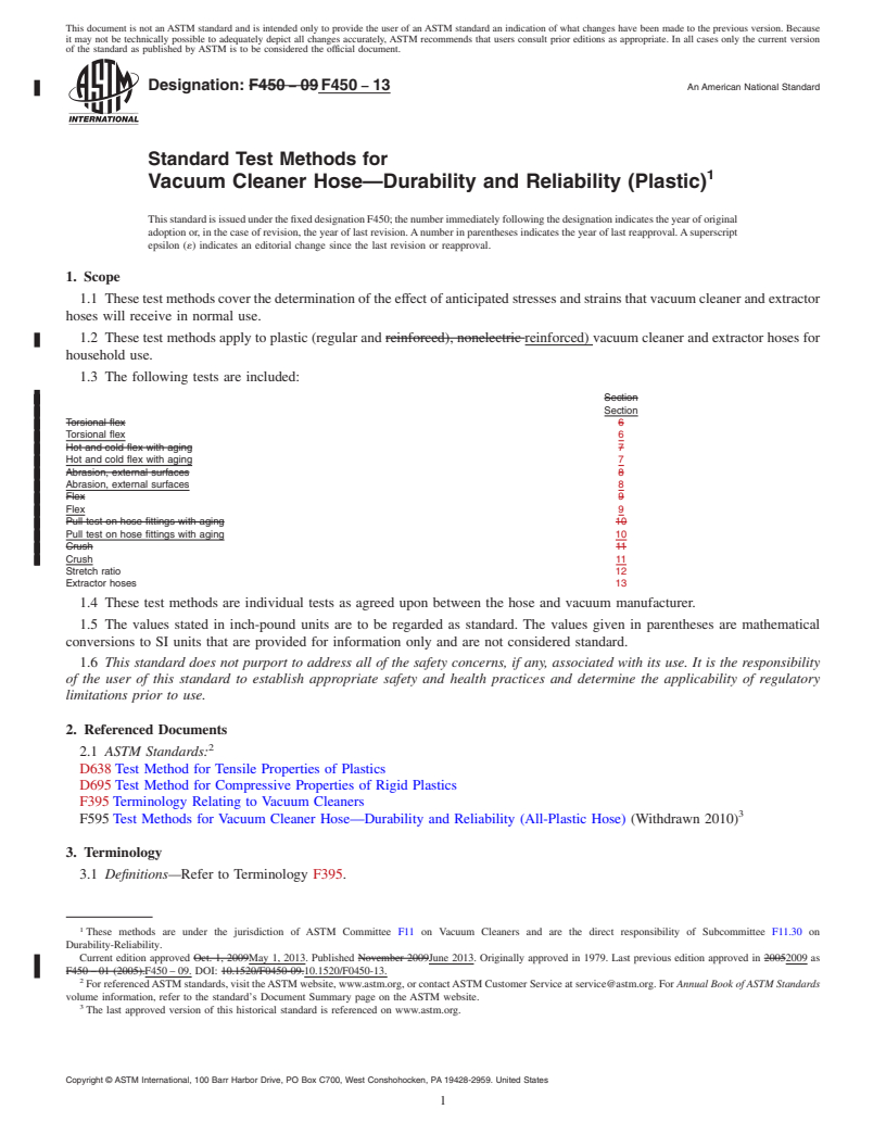 REDLINE ASTM F450-13 - Standard Test Methods for Vacuum Cleaner Hose&mdash;Durability and Reliability (Plastic)