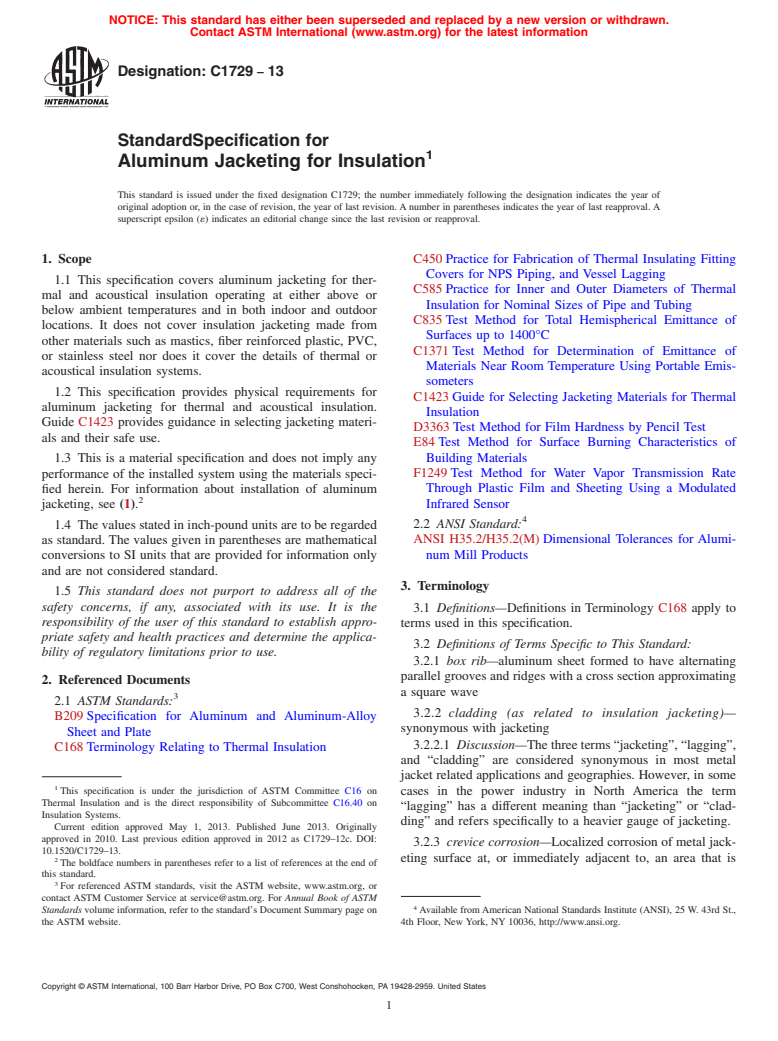 ASTM C1729-13 - Standard Specification for  Aluminum Jacketing for Insulation