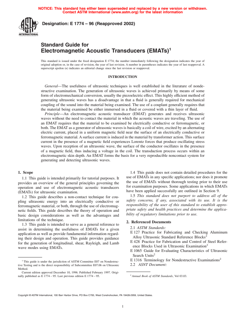 ASTM E1774-96(2002) - Standard Guide for Electromagnetic Acoustic Transducers (EMATs)