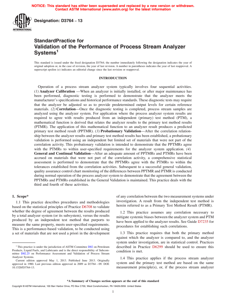 ASTM D3764-13 - Standard Practice for  Validation of the Performance of Process Stream Analyzer Systems