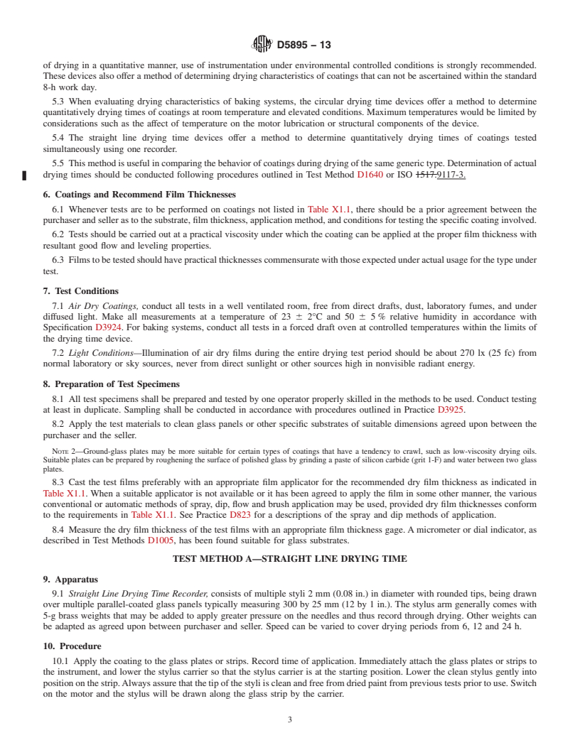 REDLINE ASTM D5895-13 - Standard Test Methods for Evaluating Drying or Curing During Film Formation of Organic   Coatings    Using Mechanical Recorders