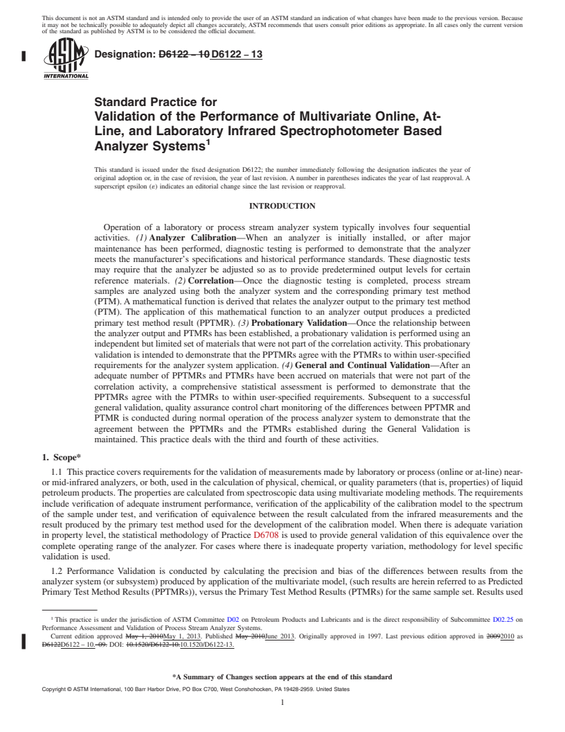 REDLINE ASTM D6122-13 - Standard Practice for Validation of the Performance of Multivariate Online, At-Line,   and Laboratory Infrared Spectrophotometer Based Analyzer Systems