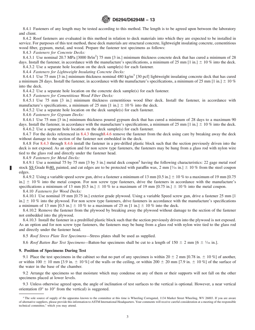 REDLINE ASTM D6294/D6294M-13 - Standard Test Method for  Corrosion Resistance of Ferrous Metal Fastener Assemblies Used   in Roofing and Waterproofing