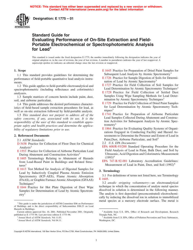 ASTM E1775-01 - Standard Guide for Evaluating Performance of On-Site Extraction and Field-Portable Electrochemical or Spectrophotometric Analysis for Lead