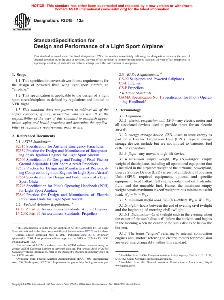ASTM F2245-13a - Standard Specification for  Design and Performance of a Light Sport Airplane