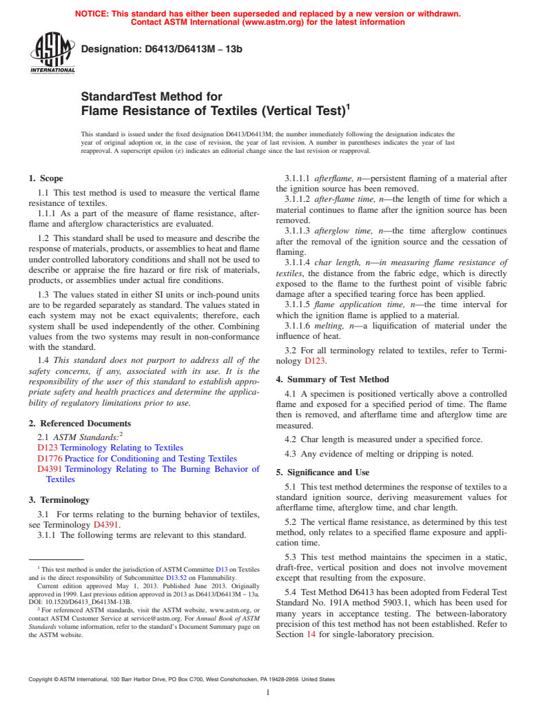 ASTM D6413/D6413M-13b - Standard Test Method for  Flame Resistance of Textiles (Vertical Test)