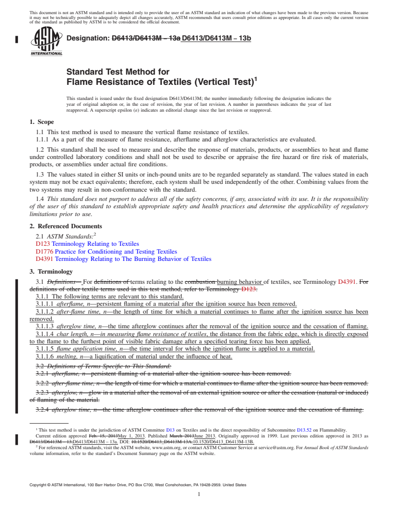 REDLINE ASTM D6413/D6413M-13b - Standard Test Method for  Flame Resistance of Textiles (Vertical Test)