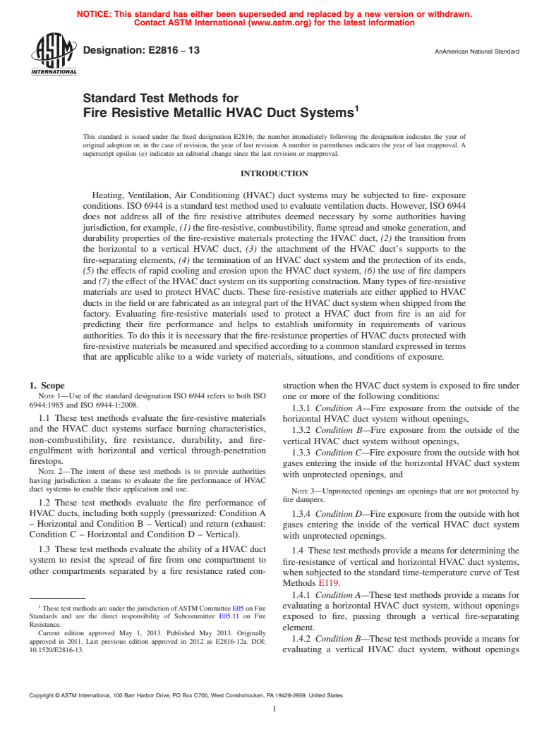 ASTM E2816-13 - Standard Test Methods for  Fire Resistive Metallic HVAC Duct Systems