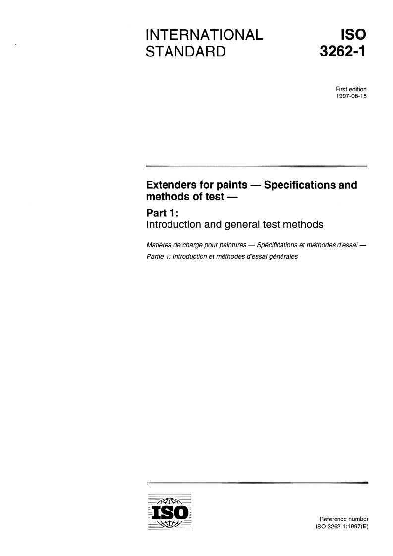 ISO 3262-1:1997 - Extenders for paints — Specifications and methods of test — Part 1: Introduction and general test methods
Released:6/19/1997