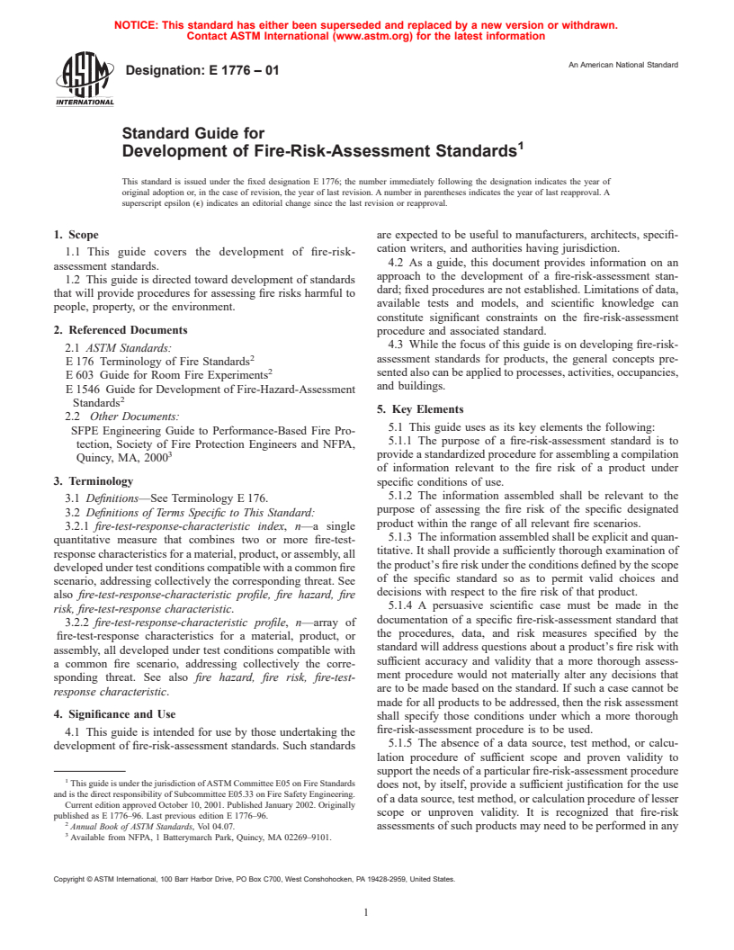 ASTM E1776-01 - Standard Guide for Development of Fire-Risk-Assessment Standards