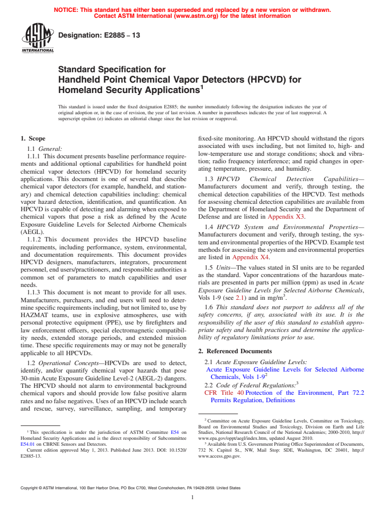 ASTM E2885-13 - Standard Specification for Handheld Point Chemical Vapor Detectors (HPCVD) for Homeland  Security Applications