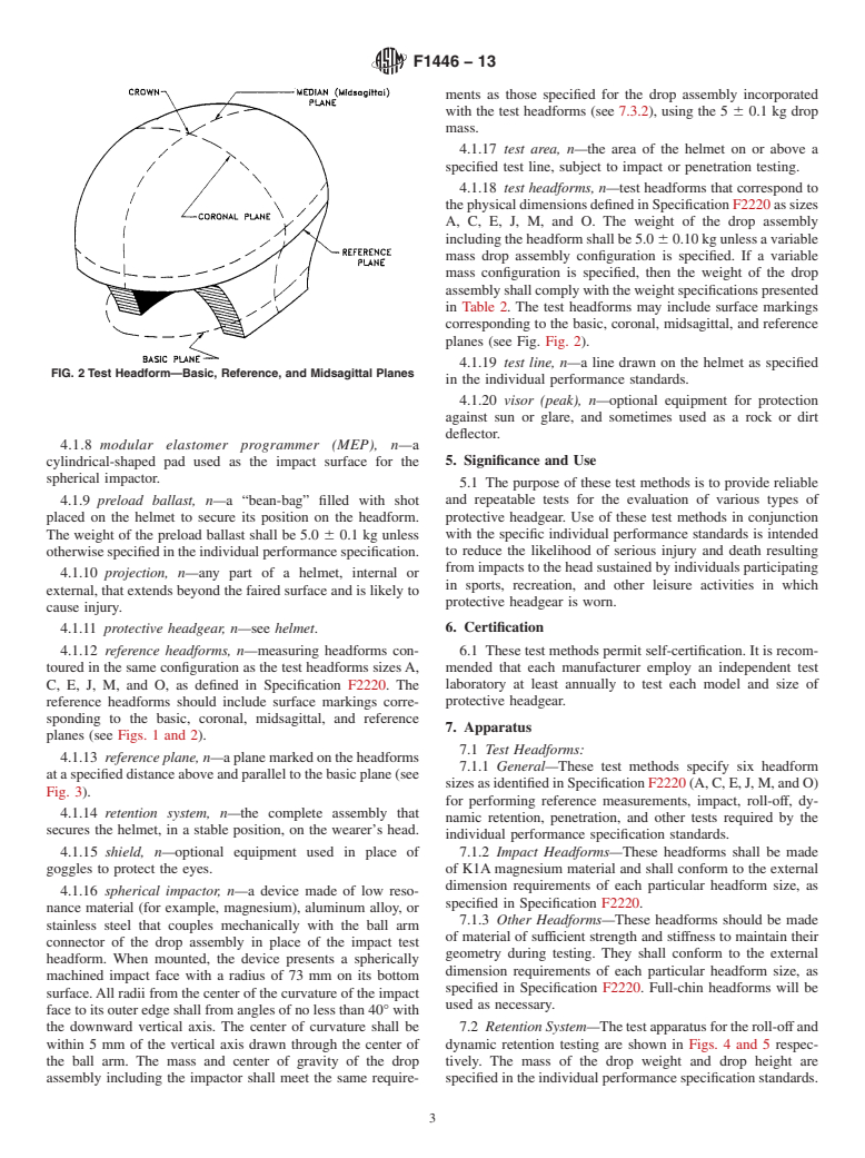 ASTM F1446-13 - Standard Test Methods for  Equipment and Procedures Used in Evaluating the Performance  Characteristics of Protective Headgear