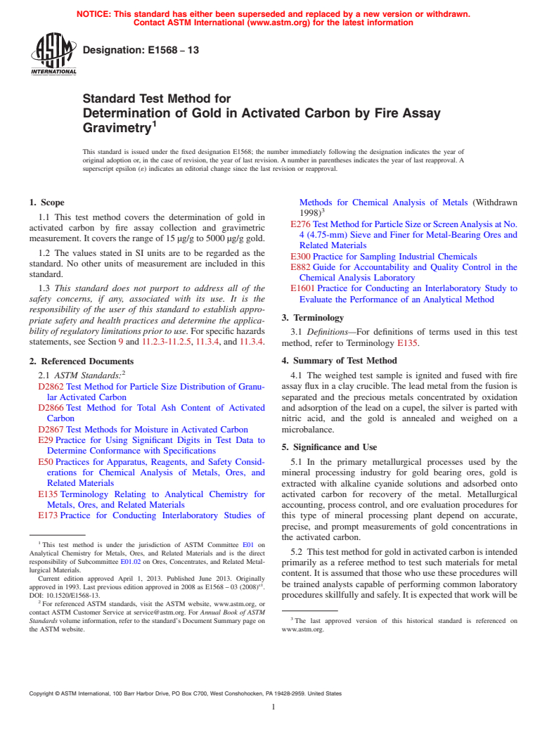 ASTM E1568-13 - Standard Test Method for  Determination of Gold in Activated Carbon by Fire Assay Gravimetry