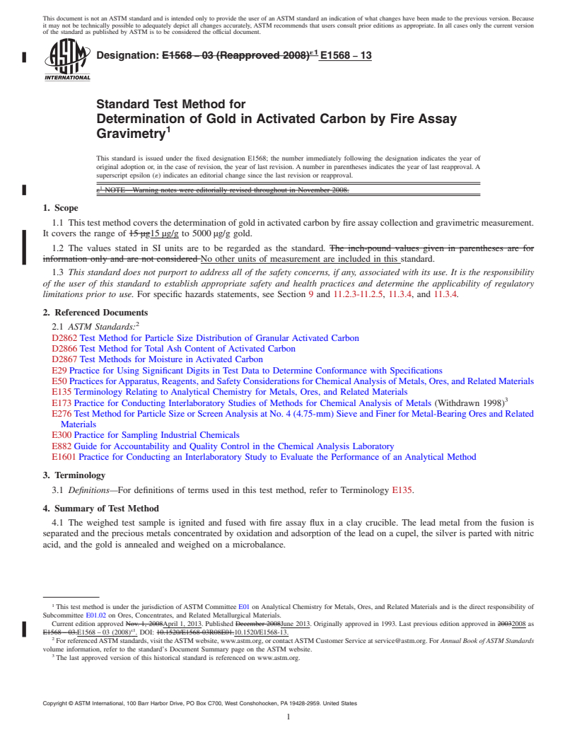 REDLINE ASTM E1568-13 - Standard Test Method for  Determination of Gold in Activated Carbon by Fire Assay Gravimetry