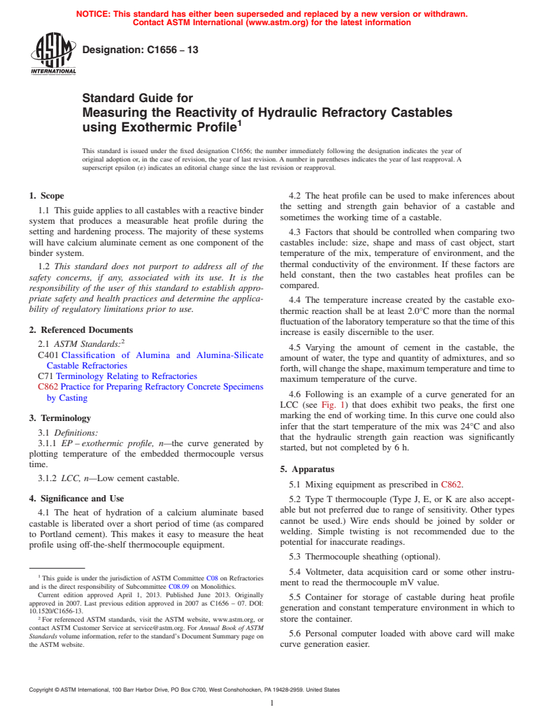 ASTM C1656-13 - Standard Guide for  Measuring the Reactivity of Hydraulic Refractory Castables  using Exothermic Profile