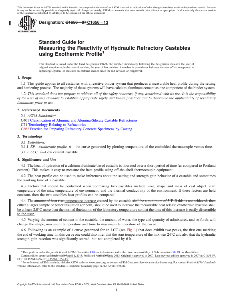 REDLINE ASTM C1656-13 - Standard Guide for  Measuring the Reactivity of Hydraulic Refractory Castables  using Exothermic Profile