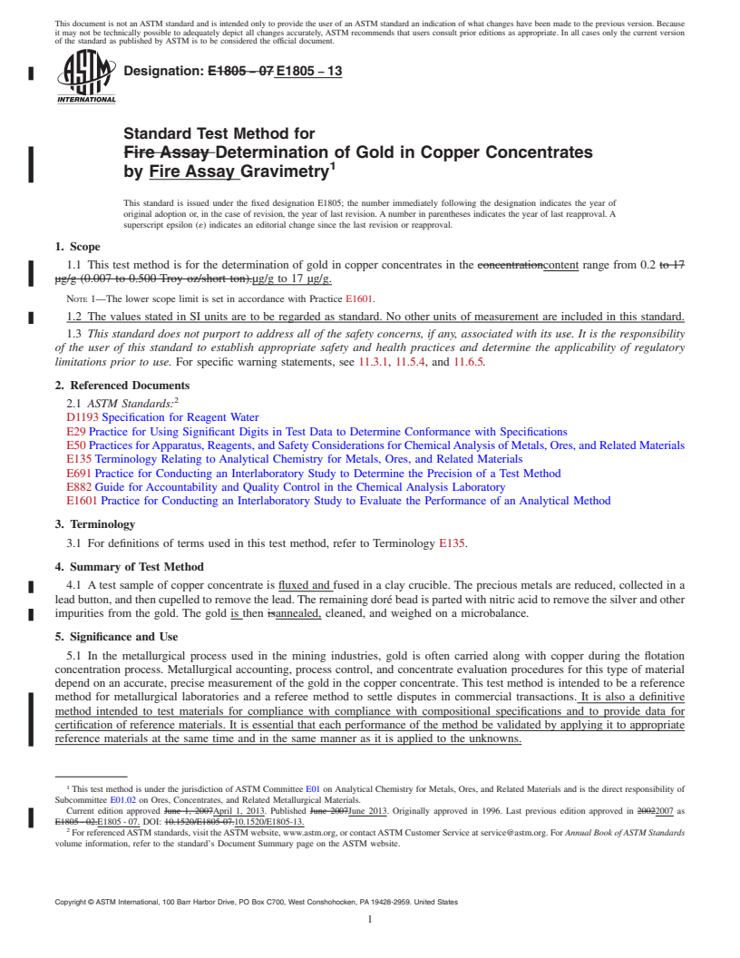 REDLINE ASTM E1805-13 - Standard Test Method for  Determination of Gold in Copper Concentrates by Fire Assay  Gravimetry