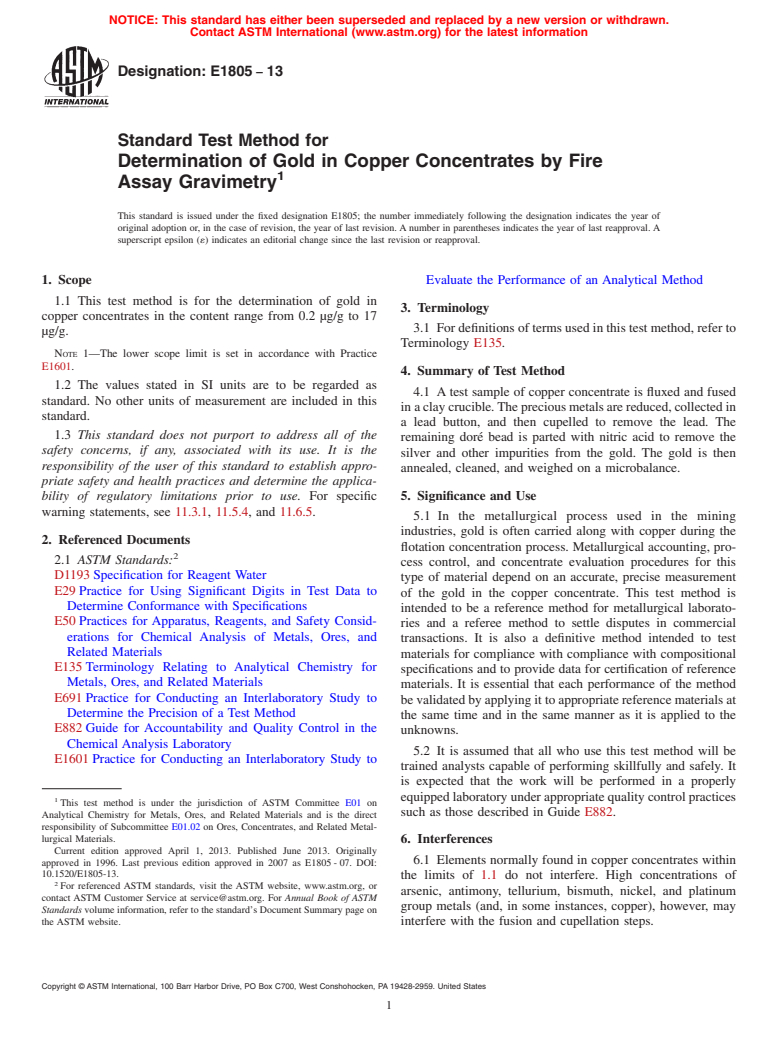 ASTM E1805-13 - Standard Test Method for  Determination of Gold in Copper Concentrates by Fire Assay  Gravimetry