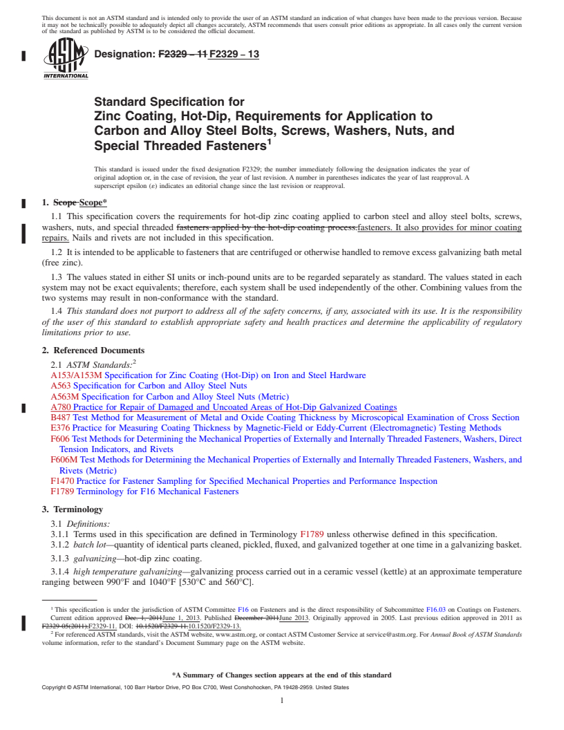 REDLINE ASTM F2329-13 - Standard Specification for  Zinc Coating, Hot-Dip, Requirements for Application to Carbon   and Alloy  Steel Bolts, Screws, Washers, Nuts, and Special Threaded   Fasteners