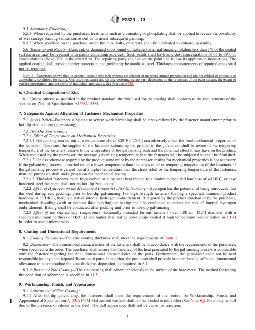 REDLINE ASTM F2329-13 - Standard Specification for  Zinc Coating, Hot-Dip, Requirements for Application to Carbon   and Alloy  Steel Bolts, Screws, Washers, Nuts, and Special Threaded   Fasteners