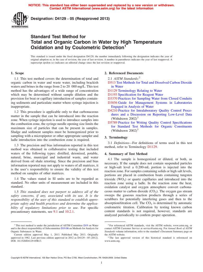 ASTM D4129-05(2013) - Standard Test Method for  Total and Organic Carbon in Water by High Temperature Oxidation   and by Coulometric Detection