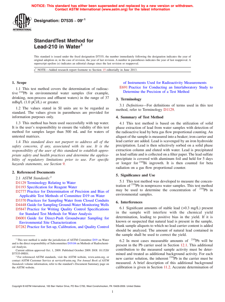 ASTM D7535-09e1 - Standard Test Method for  Lead-210 in Water