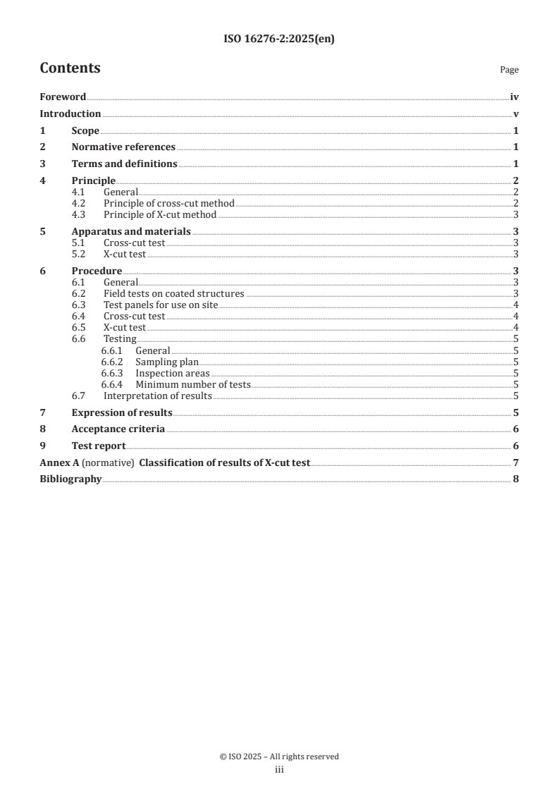 ISO 16276-2:2025 - Corrosion protection of steel structures by protective paint systems — Assessment of, and acceptance criteria for, the adhesion/cohesion (fracture strength) of a coating — Part 2: Cross-cut testing and X-cut testing
Released:14. 05. 2025