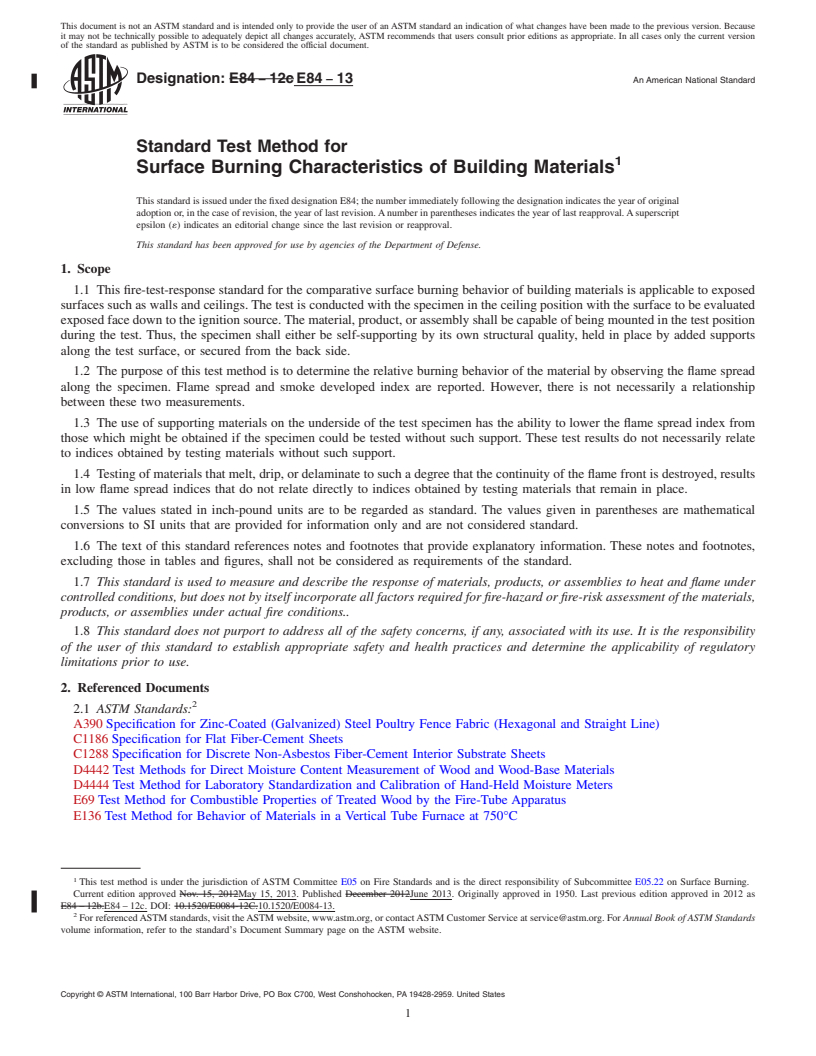 REDLINE ASTM E84-13 - Standard Test Method for  Surface Burning Characteristics of Building Materials