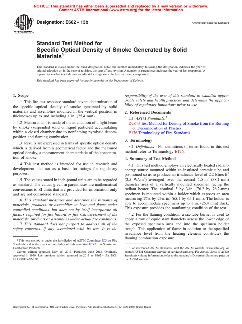 ASTM E662-13b - Standard Test Method for  Specific Optical Density of Smoke Generated by Solid Materials