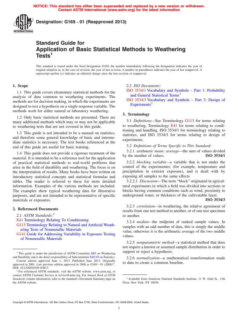 ASTM G169-01(2013) - Standard Guide for  Application of Basic Statistical Methods to Weathering Tests