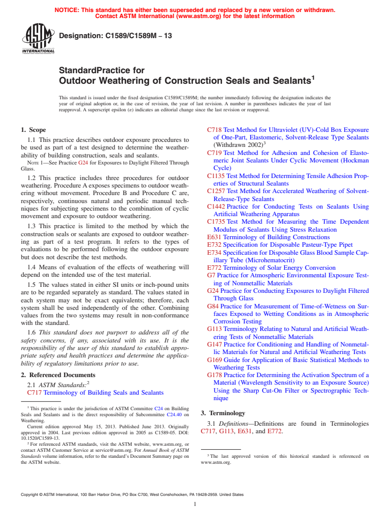 ASTM C1589/C1589M-13 - Standard Practice for Outdoor Weathering of Construction Seals and Sealants