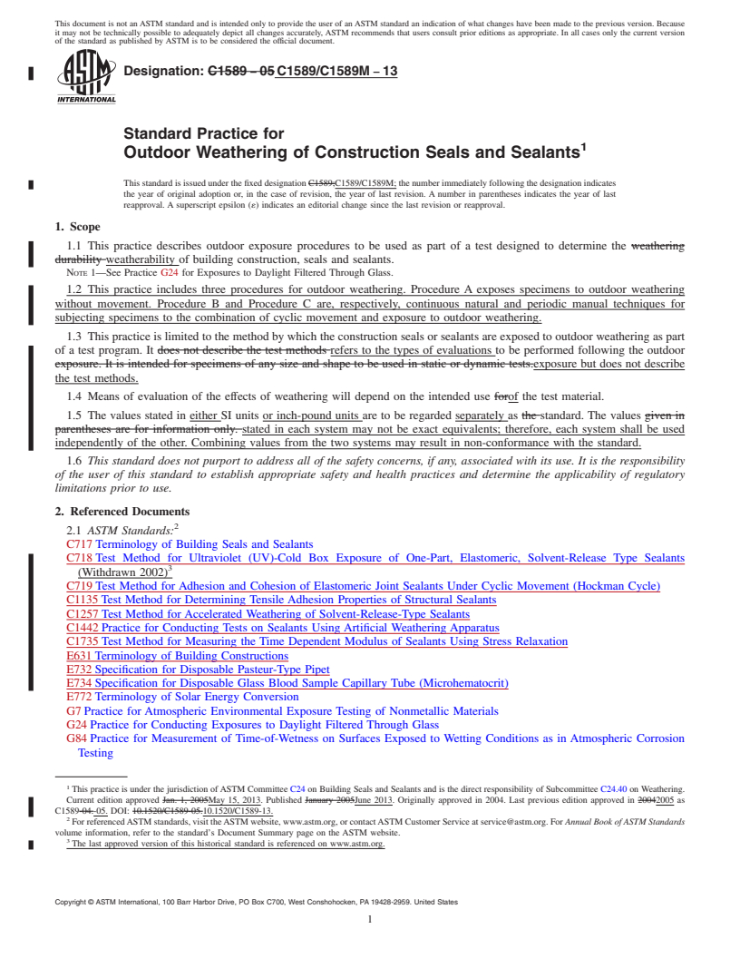 REDLINE ASTM C1589/C1589M-13 - Standard Practice for Outdoor Weathering of Construction Seals and Sealants