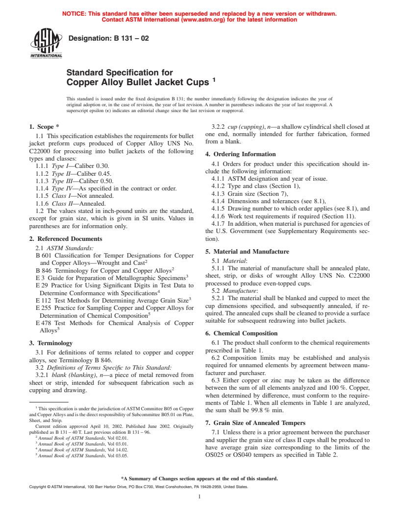 ASTM B131-02 - Standard Specification for Copper Alloy Bullet Jacket Cups