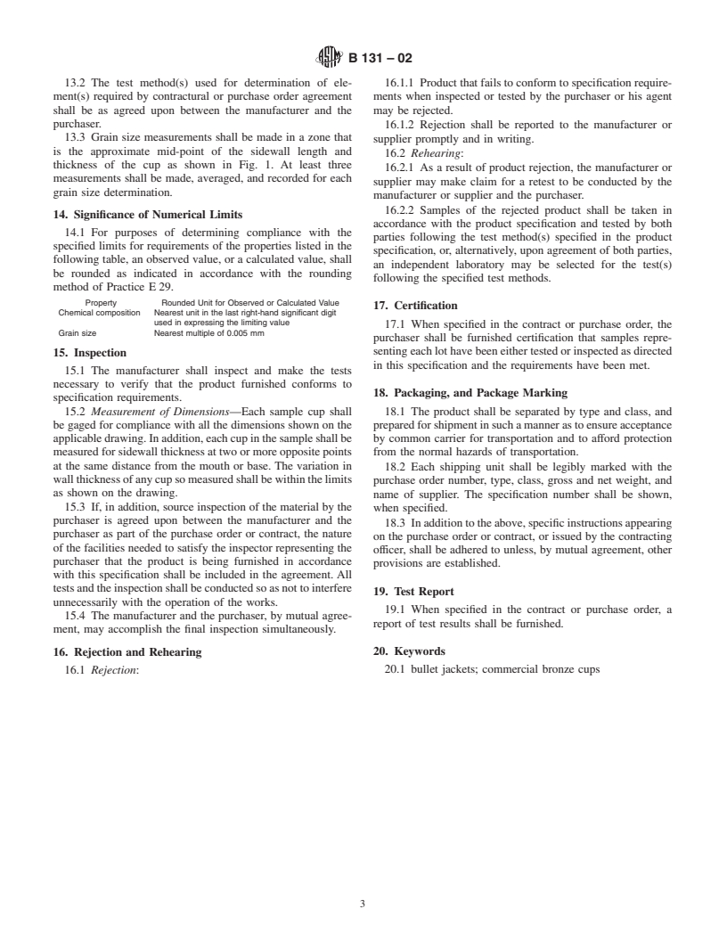 ASTM B131-02 - Standard Specification for Copper Alloy Bullet Jacket Cups