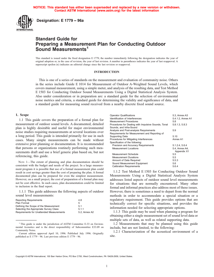 ASTM E1779-96a - Standard Guide for Preparing a Measurement Plan for Conducting Outdoor Sound Measurements