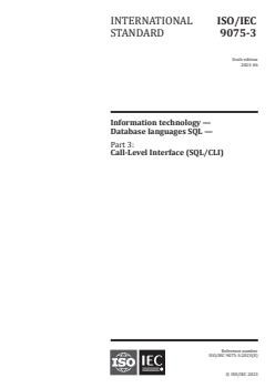 ISO/IEC 9075-3:2023 ISO/IEC 9075-3:2023 - Information technology — Database languages SQL — Part 3: Call-Level Interface (SQL/CLI)
Released:1. 06. 2023 - Page 1 preview