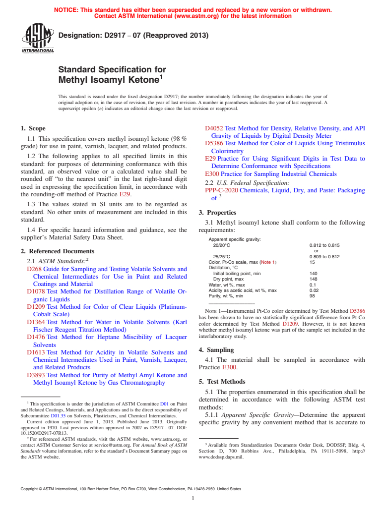 ASTM D2917-07(2013) - Standard Specification for  Methyl Isoamyl Ketone