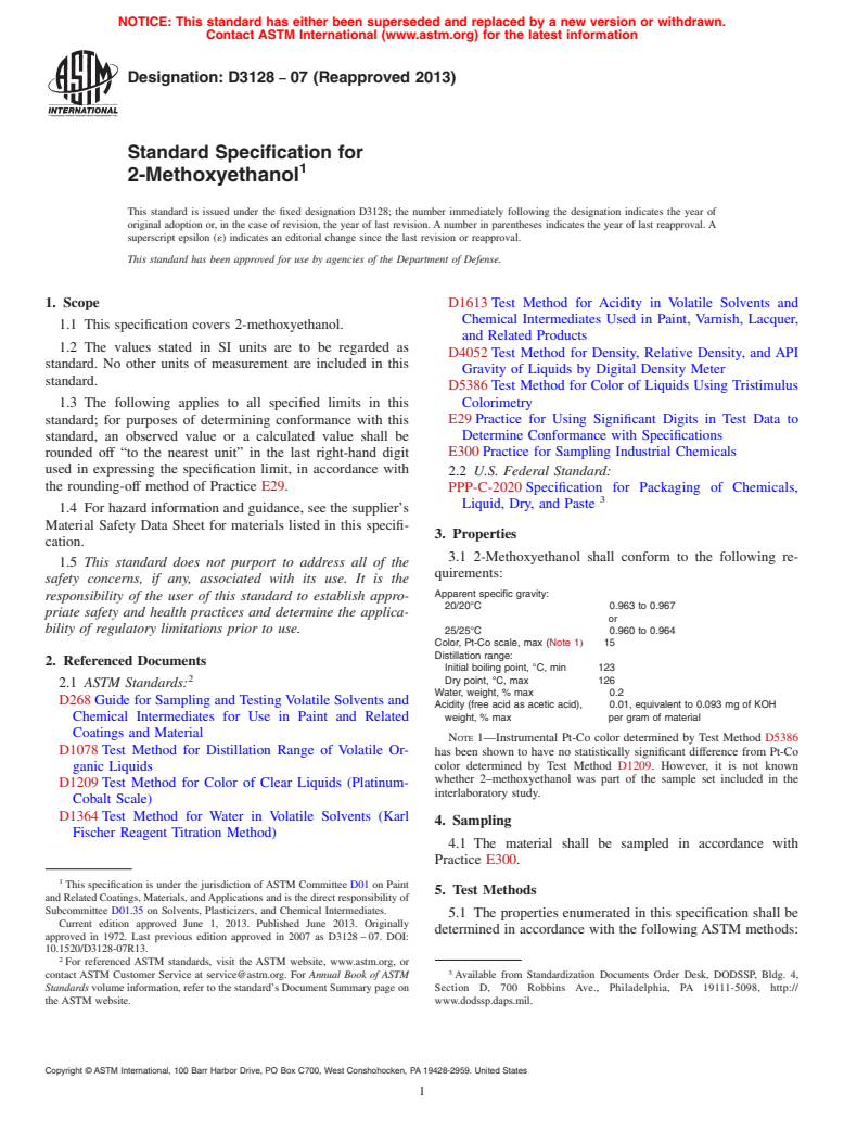 ASTM D3128-07(2013) - Standard Specification for  2-Methoxyethanol