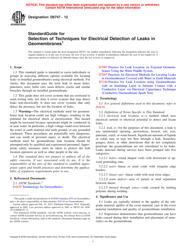 ASTM D6747-12 - Standard Guide for  Selection of Techniques for Electrical Detection of Leaks in  Geomembranes